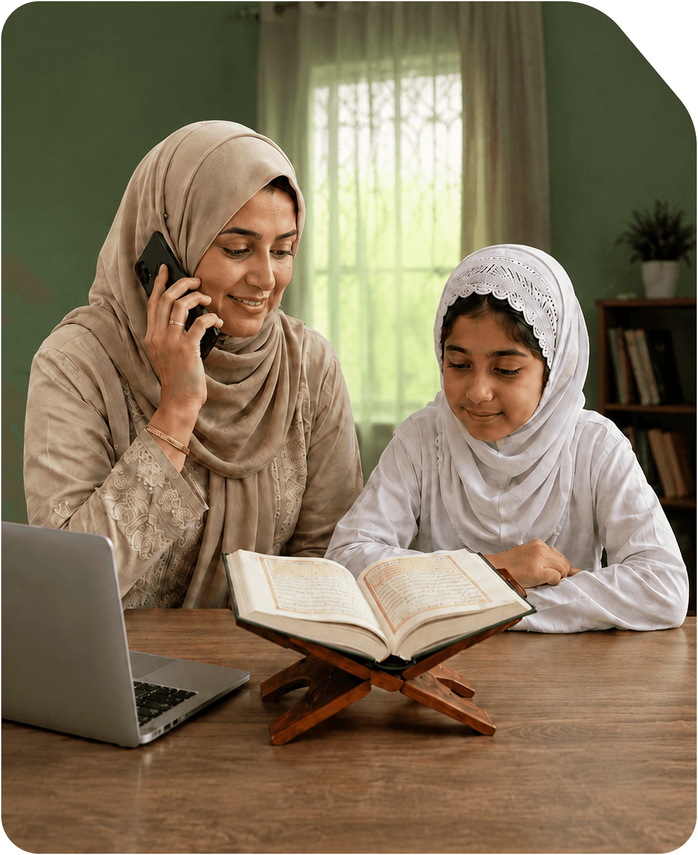 A mother calling the academy while her daughter reads the Quran